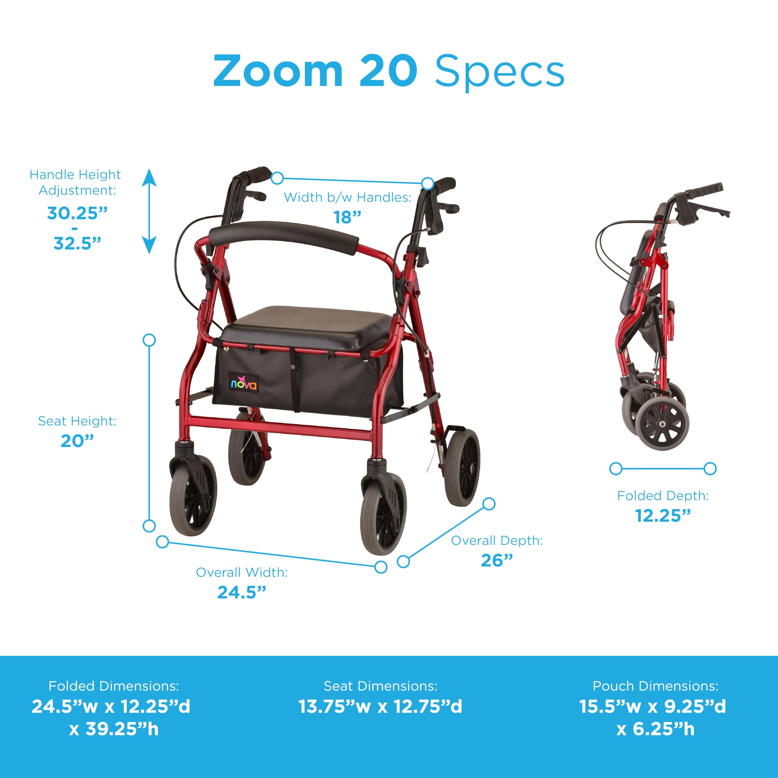 Amazon.com: NOVA Zoom 20 Rollator Walker for Seniors, Rolling